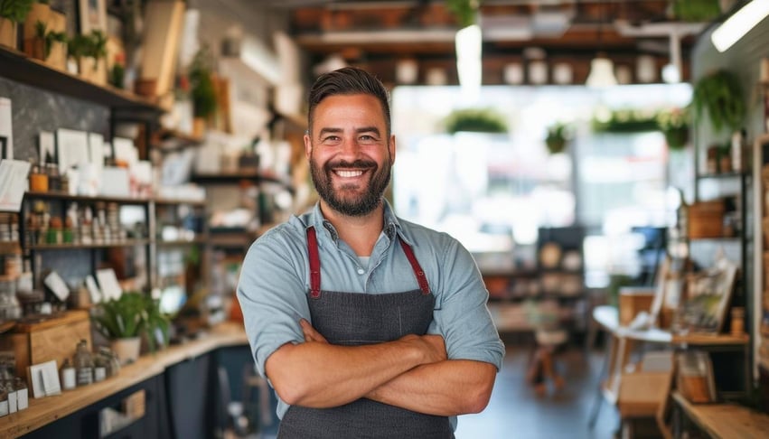 An image of a small business owner arms standing in their shop, arms crossed smiling-1
